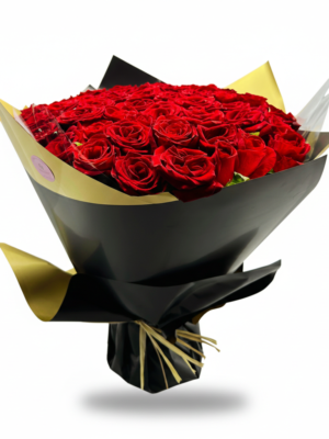 Bouquet Royal – Roses Rouges en Écrin Or et Noir