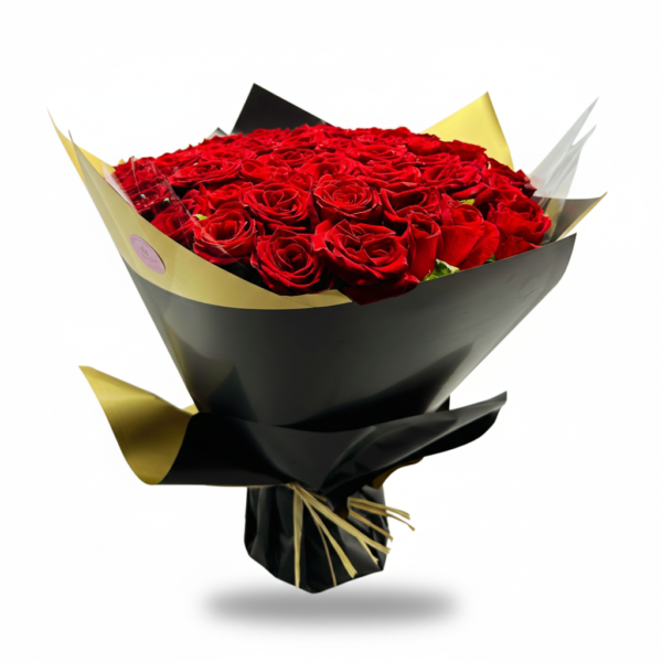 Bouquet Royal – Roses Rouges en Écrin Or et Noir